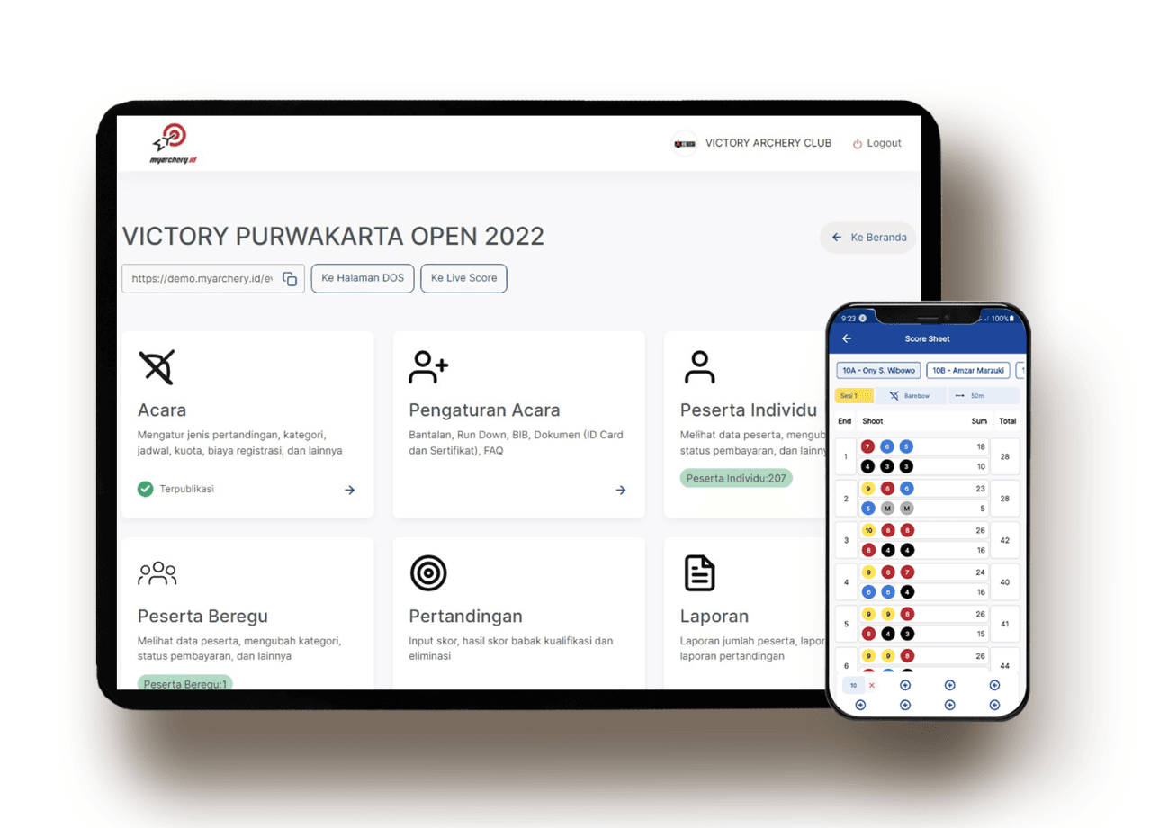 MyArchery organizer dashboard and scoring suite used in live competitions