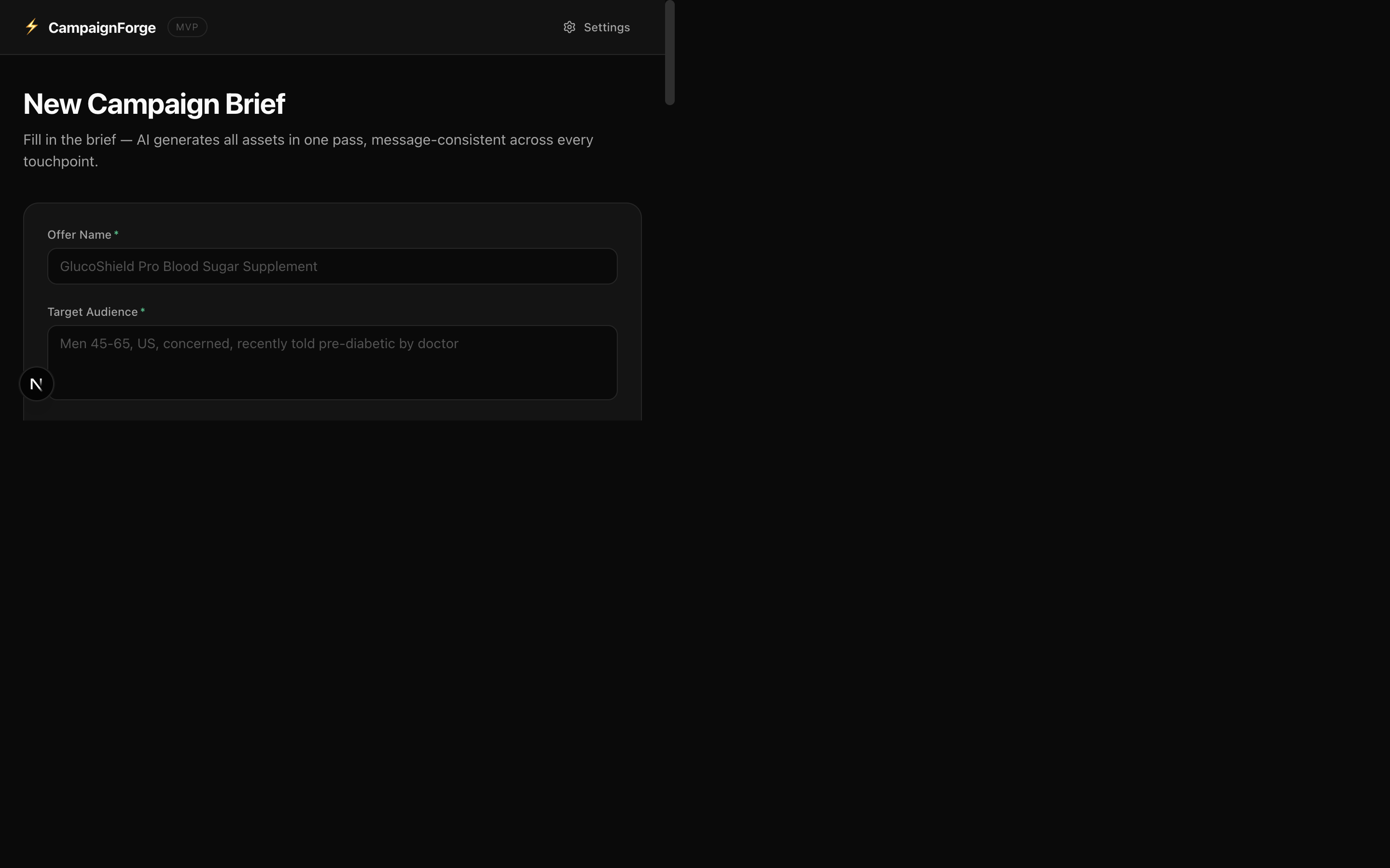 CampaignForge app โ brief form with 5 fields and sample topic picker
