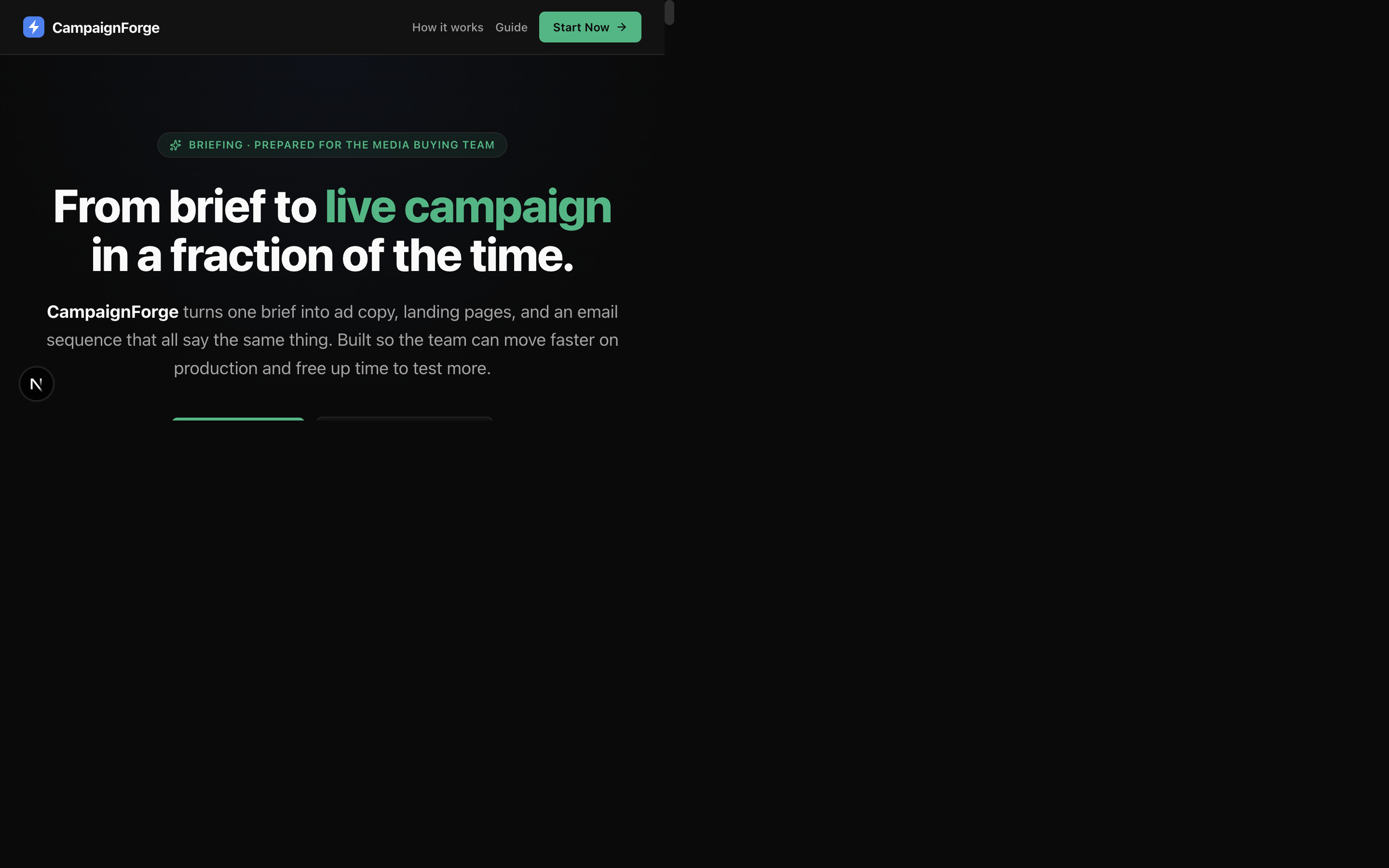 CampaignForge landing page โ hero with pitch metrics: 5 hrs to minutes, 2ร throughput, 96% angle match