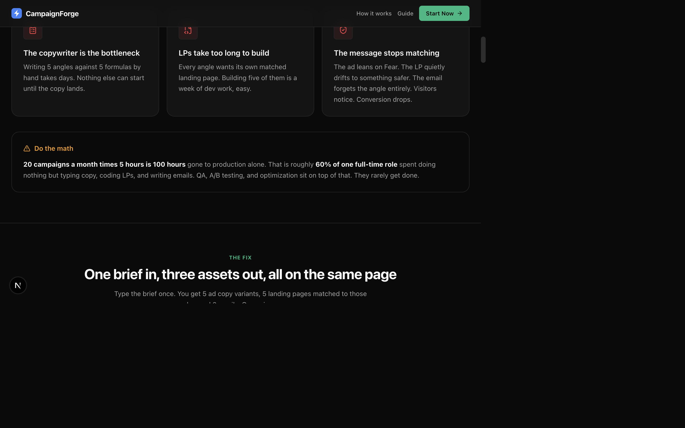 CampaignForge solution section โ faux app frame showing generated output with 4 tabs