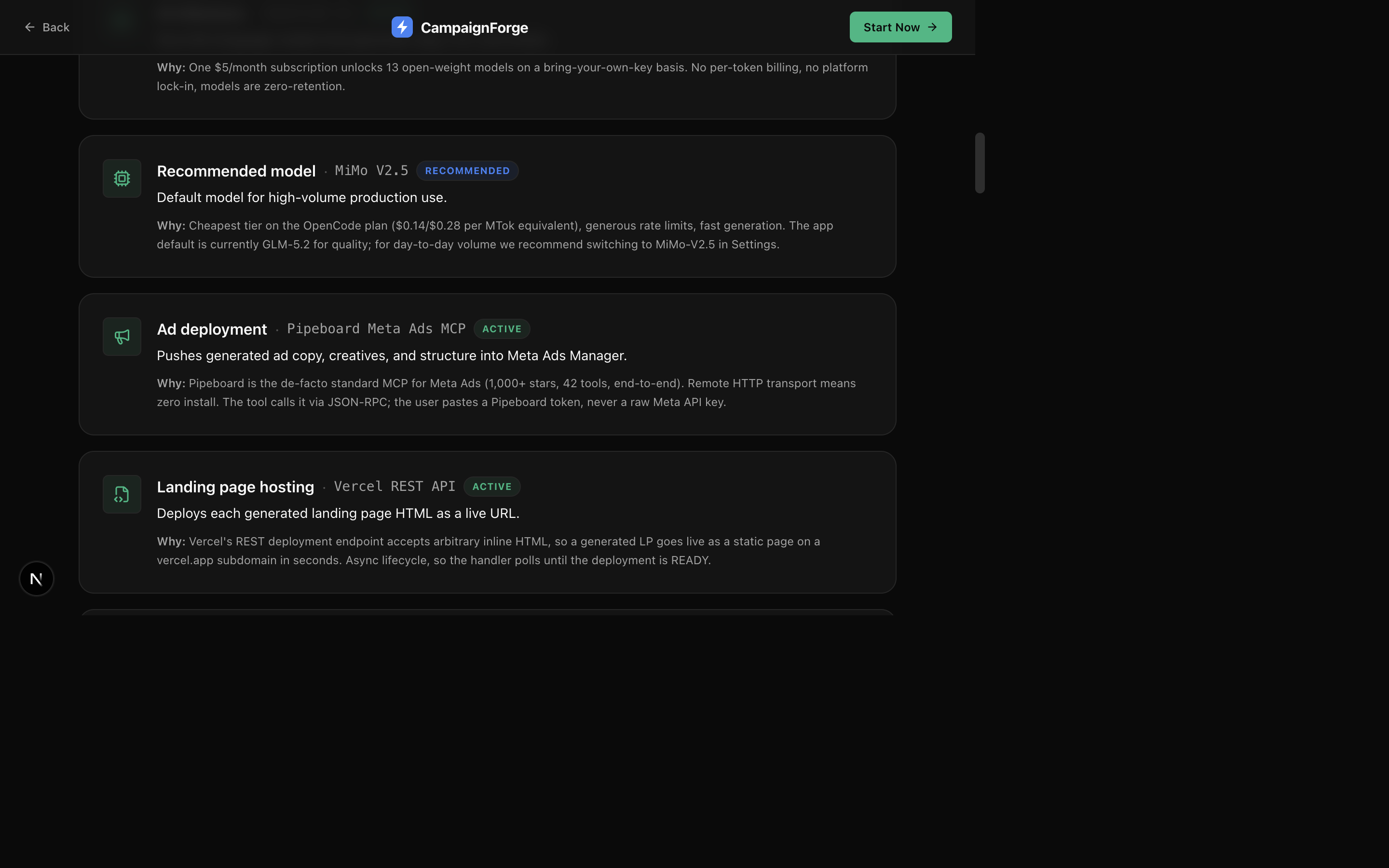CampaignForge how-it-works page โ under the hood section showing each vendor, role, and why it was picked
